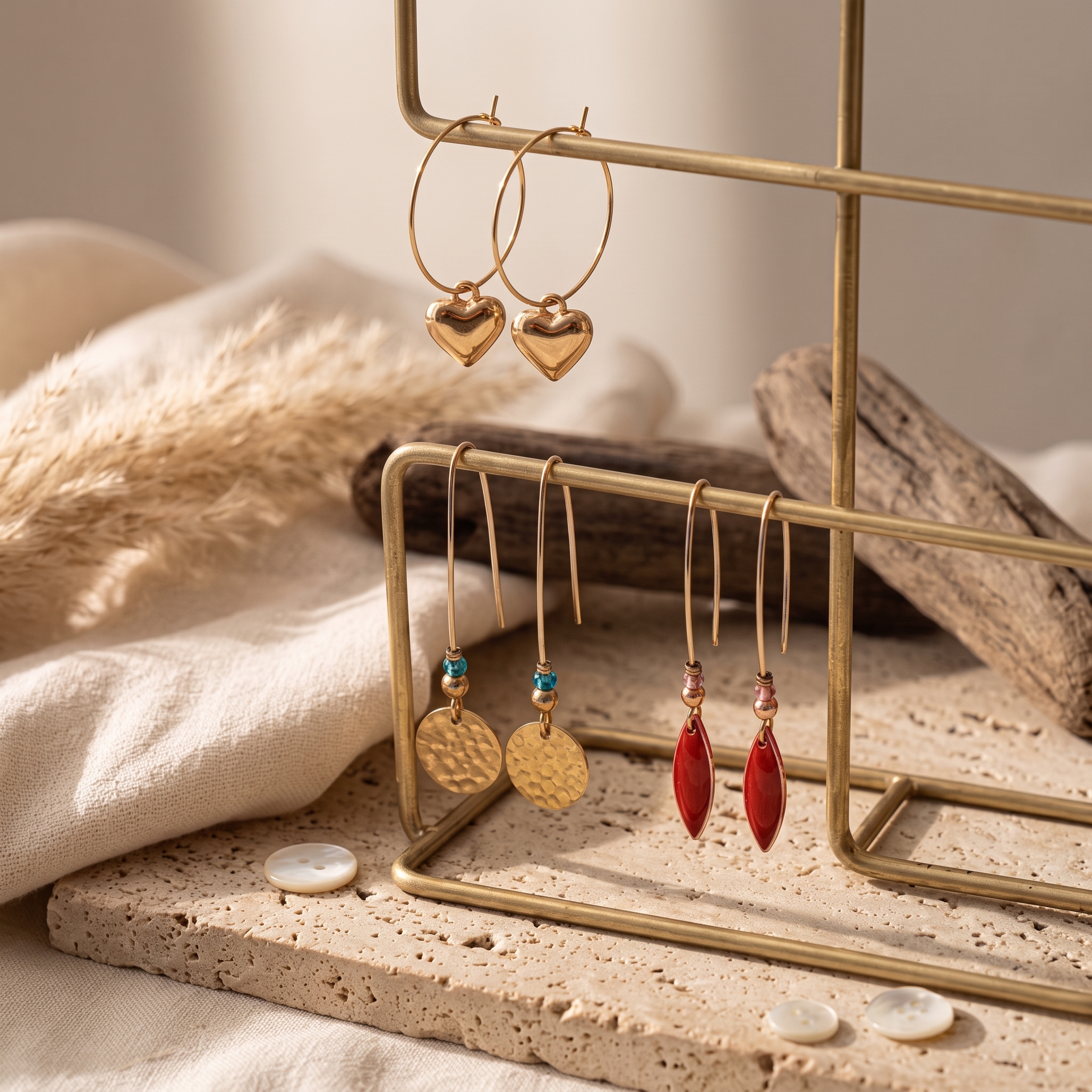 Boucles d'oreilles à cœurs dorés, à disques martelés et à navettes rouges, suspendues à un présentoir en laiton sur une dalle de travertin